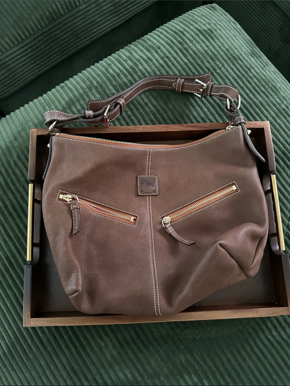 Dooney & Bourke Brown Leather Shoulder Bag with Dual Zip Accents